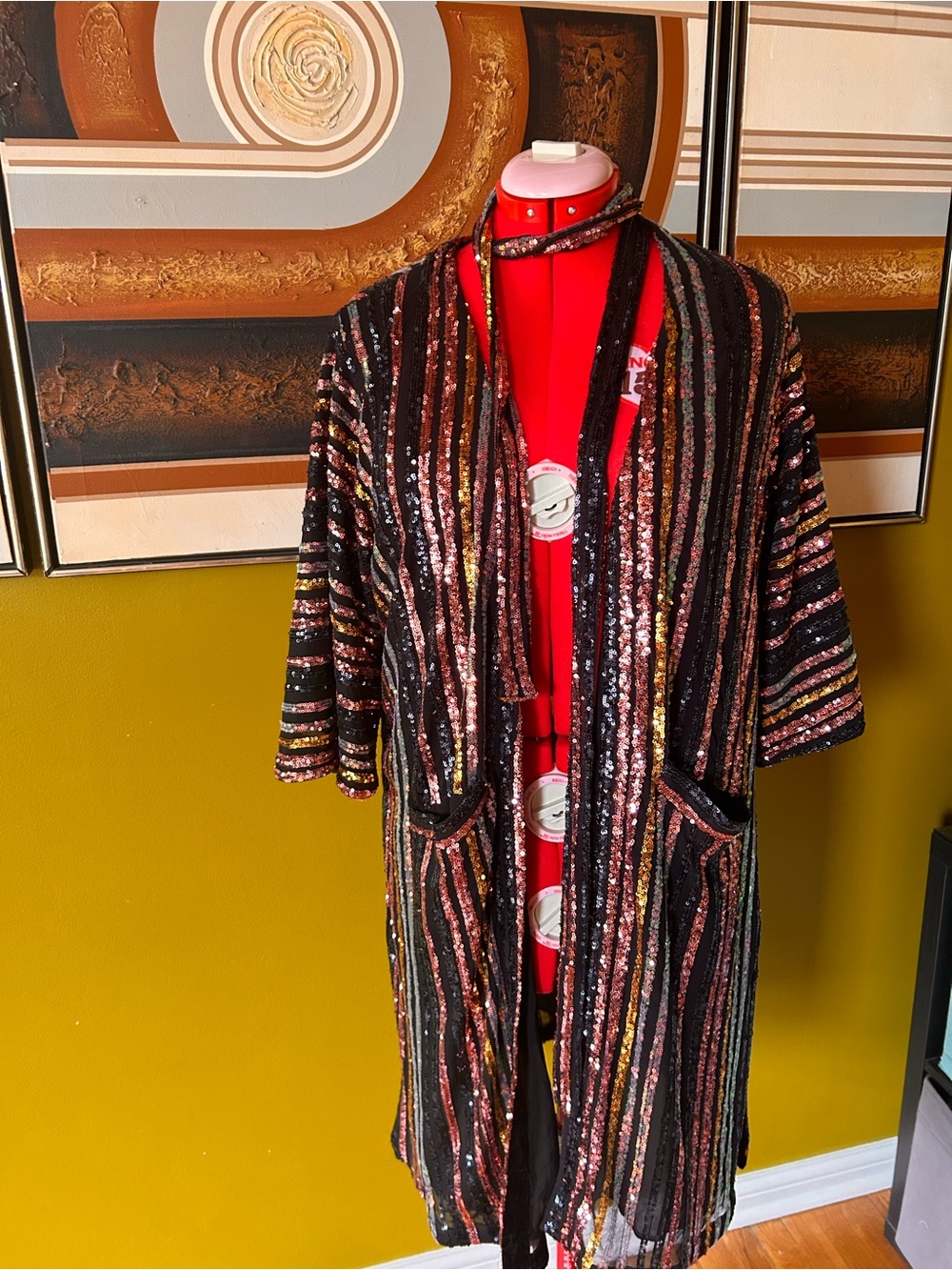 Skies Are Blue Black Multicolor Sequin Kimono